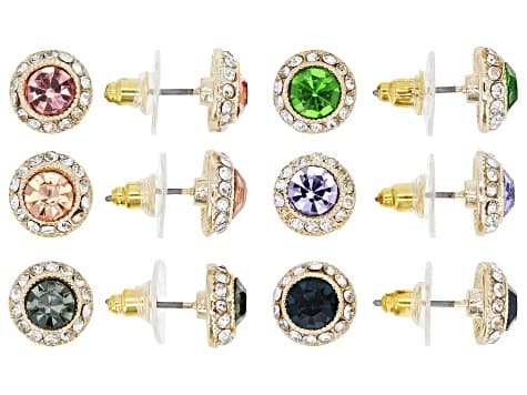 Multi-Color Crystal Gold Tone Halo Stud Earring Set of 6