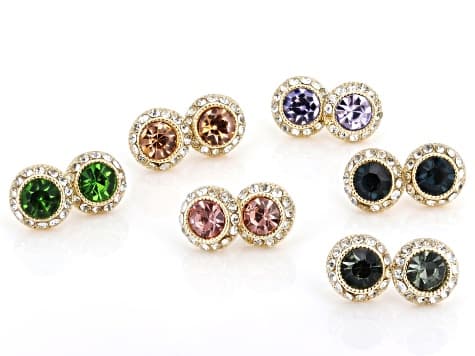 Multi-Color Crystal Gold Tone Halo Stud Earring Set of 6