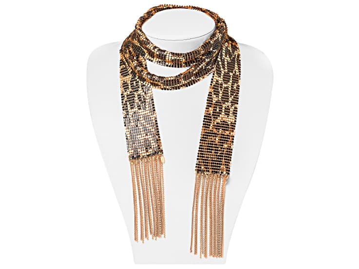 Gold Tone Leopard Print Mesh Shawl Necklace