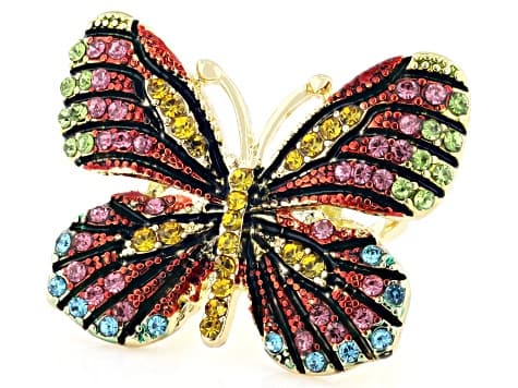 Multicolor Crystal Gold Tone Butterfly Statement Ring