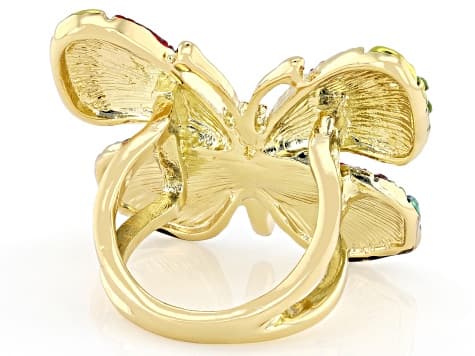 Multicolor Crystal Gold Tone Butterfly Statement Ring