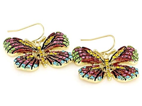 Multicolor Crystal Gold Tone Butterfly Dangle Earrings