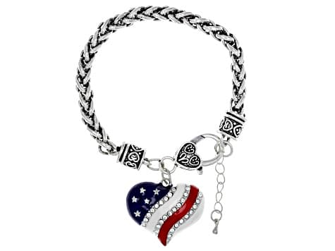 White Crystal & Enamel Silver Tone Heart Shape Patriotic Bracelet