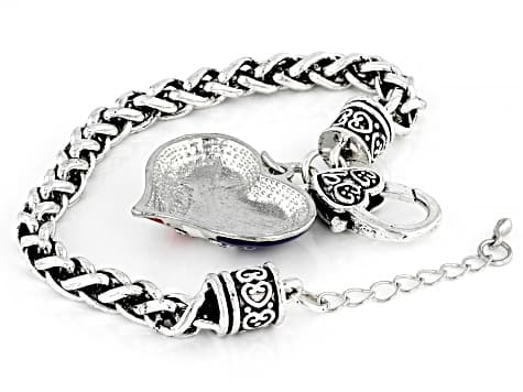 White Crystal & Enamel Silver Tone Heart Shape Patriotic Bracelet