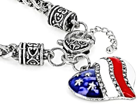 Crystal & Enamel Silver Tone Heart Shape Patriotic Necklace