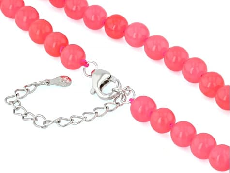 Pink Jadeite Rhodium over Sterling Silver Beaded Necklace 6mm