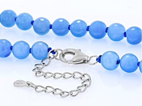 Blue Jadeite Rhodium over Sterling Silver Beaded Necklace 6mm