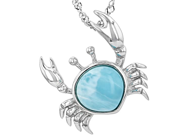 Blue Larimar Rhodium Over Sterling Silver Crab Pendant With Chain