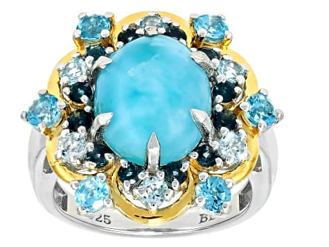Blue Larimar Rhodium and 18k Yellow Gold Over Silver Ring 1.87ctw
