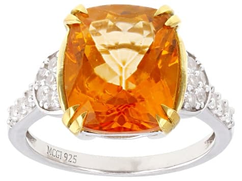 Mandarin Color Topaz Rhodium and 18k Yellow Gold Over Silver Ring 5.76ctw