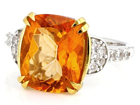 Orange Mandarin Topaz Rhodium and 18k Yellow Gold Over Silver Ring 5.76ctw