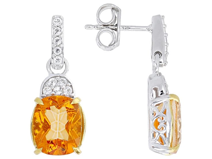 Orange Mandarin Topaz Rhodium and 18k Yellow Gold Over Silver Earrings 6.31ctw