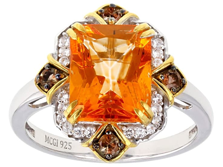 Mandarin Color Topaz Rhodium & 18k Yellow Gold Over Silver Ring 3.82ctw