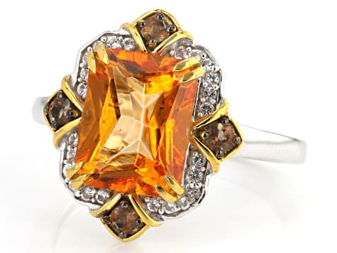 Mandarin Color Topaz Rhodium & 18k Yellow Gold Over Silver Ring 3.82ctw