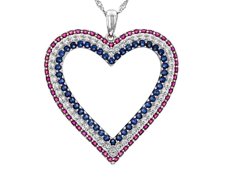 Blue Lab Created Sapphire Rhodium Over Sterling Silver Heart Pendant With Chain 5.08ctw