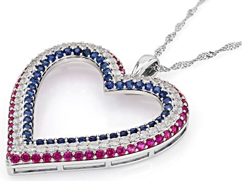 Blue Lab Created Sapphire Rhodium Over Sterling Silver Heart Pendant With Chain 5.08ctw