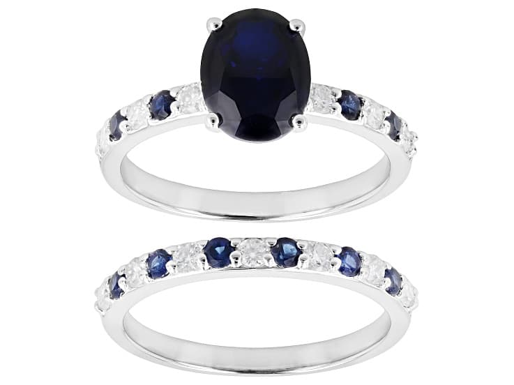 Blue Lab Created Sapphire with White Moissanite Rhodium Over Sterling Silver Ring 2.70ctw