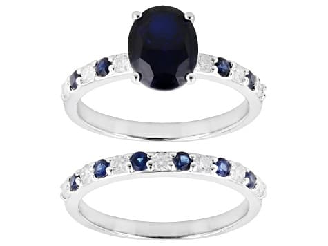 Blue Lab Created Sapphire with White Moissanite Rhodium Over Sterling Silver Ring 2.70ctw