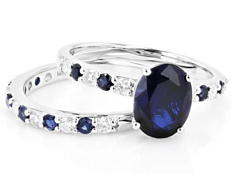 Blue Lab Created Sapphire with White Moissanite Rhodium Over Sterling Silver Ring 2.70ctw
