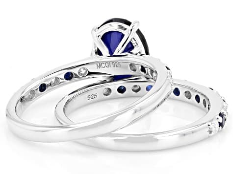 Blue Lab Created Sapphire with White Moissanite Rhodium Over Sterling Silver Ring 2.70ctw
