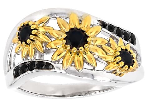 Black Spinel Rhodium And 18K Yellow Gold Over Sterling Silver Ring 0.42ctw