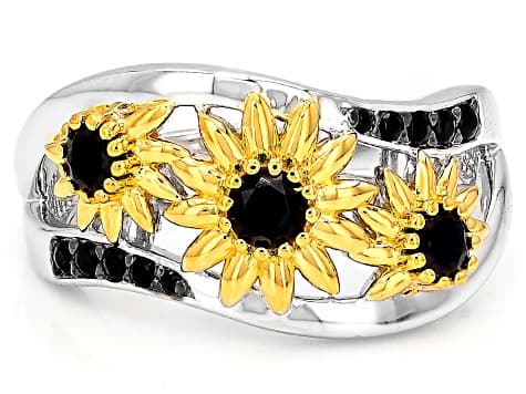 Black Spinel Rhodium And 18K Yellow Gold Over Sterling Silver Ring 0.42ctw