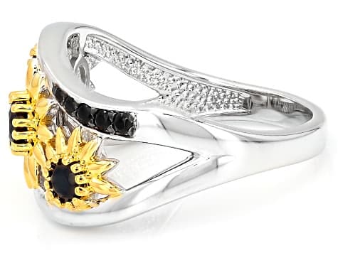 Black Spinel Rhodium And 18K Yellow Gold Over Sterling Silver Ring 0.42ctw