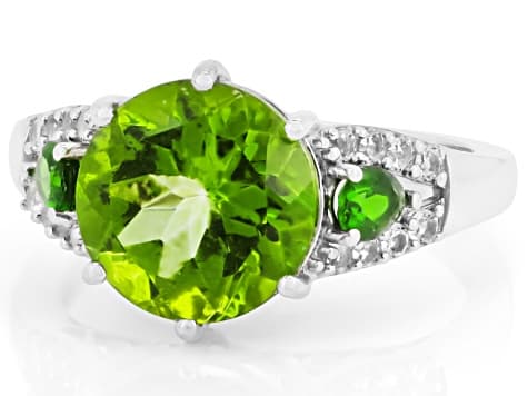 Meadow Green Topaz With Chrome Diopside & White Topaz Rhodium Over Sterling Silver Ring 4.48ctw