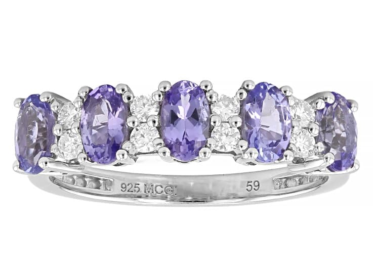 Blue Tanzanite With White Moissanite Platinum Over Sterling Silver Band Ring 1.23ctw