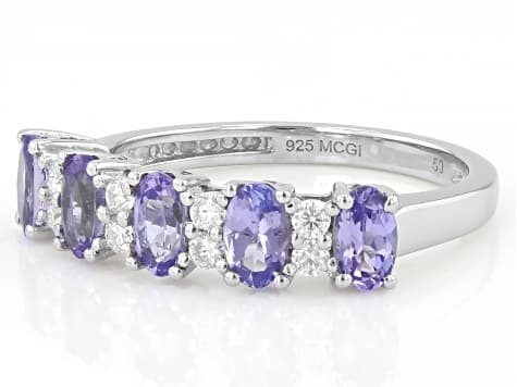 Blue Tanzanite With White Moissanite Platinum Over Sterling Silver Band Ring 1.23ctw