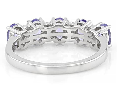 Blue Tanzanite With White Moissanite Platinum Over Sterling Silver Band Ring 1.23ctw