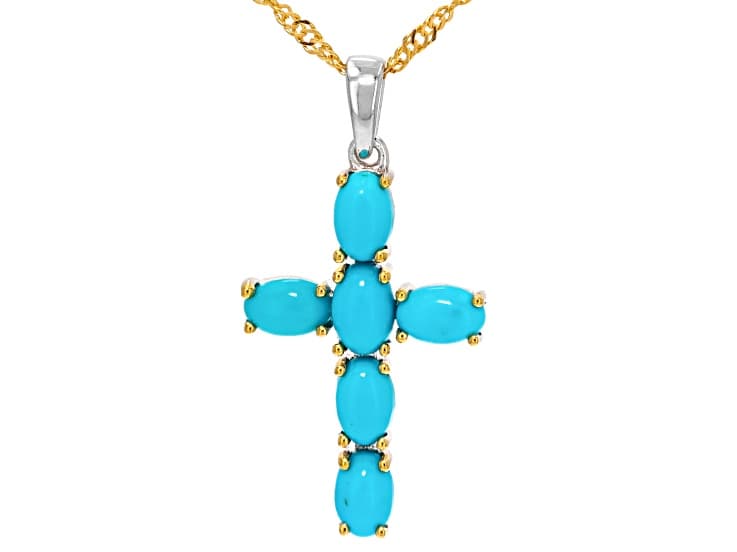 Blue Sleeping Beauty Turquoise Rhodium and 18K Yellow Gold Over Silver Cross Pendant with chain