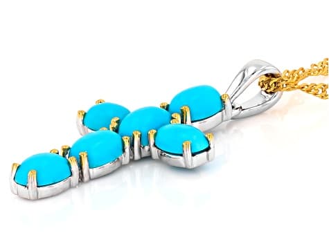 Blue Sleeping Beauty Turquoise Rhodium and 18K Yellow Gold Over Silver Cross Pendant with chain