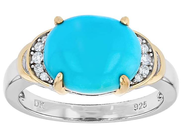 Blue Sleeping Beauty Turquoise With White Moissanite Rhodium & 18K Gold Over Silver Ring 0.09ctw