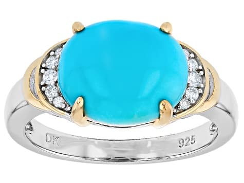 Blue Sleeping Beauty Turquoise With White Moissanite Rhodium & 18K Gold Over Silver Ring 0.09ctw