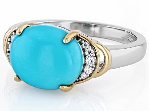 Blue Sleeping Beauty Turquoise With White Moissanite Rhodium & 18K Gold Over Silver Ring 0.09ctw