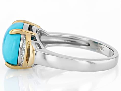 Blue Sleeping Beauty Turquoise With White Moissanite Rhodium & 18K Gold Over Silver Ring 0.09ctw