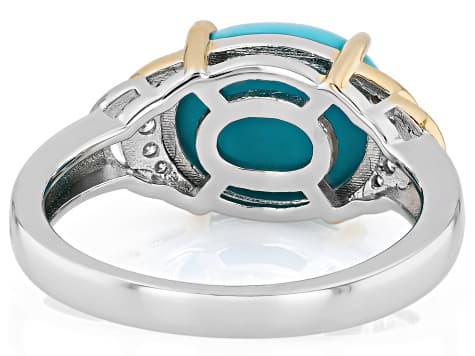 Blue Sleeping Beauty Turquoise With White Moissanite Rhodium & 18K Gold Over Silver Ring 0.09ctw