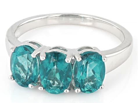 Blue Paraiba Color Topaz Rhodium Over Sterling Silver 3 Stone Ring 2.29ctw