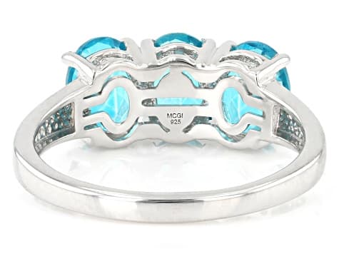 Blue Paraiba Color Topaz Rhodium Over Sterling Silver 3 Stone Ring 2.29ctw