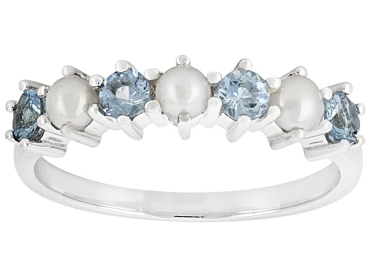 Blue Ofiki Aquamarine With 3mm White Cultured Seed Pearl Rhodium Over Silver Ring 0.32ctw