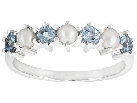 Blue Ofiki Aquamarine With 3mm White Cultured Seed Pearl Rhodium Over Silver Ring 0.32ctw
