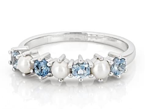 Blue Ofiki Aquamarine With 3mm White Cultured Seed Pearl Rhodium Over Silver Ring 0.32ctw