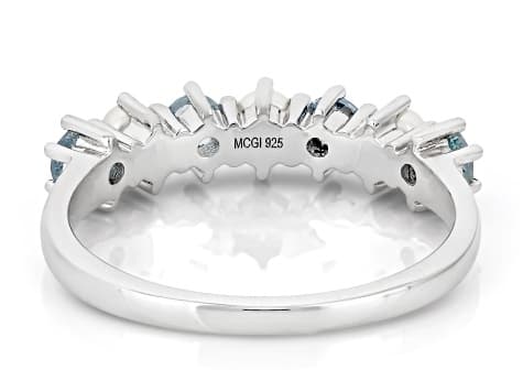 Blue Ofiki Aquamarine With 3mm White Cultured Seed Pearl Rhodium Over Silver Ring 0.32ctw