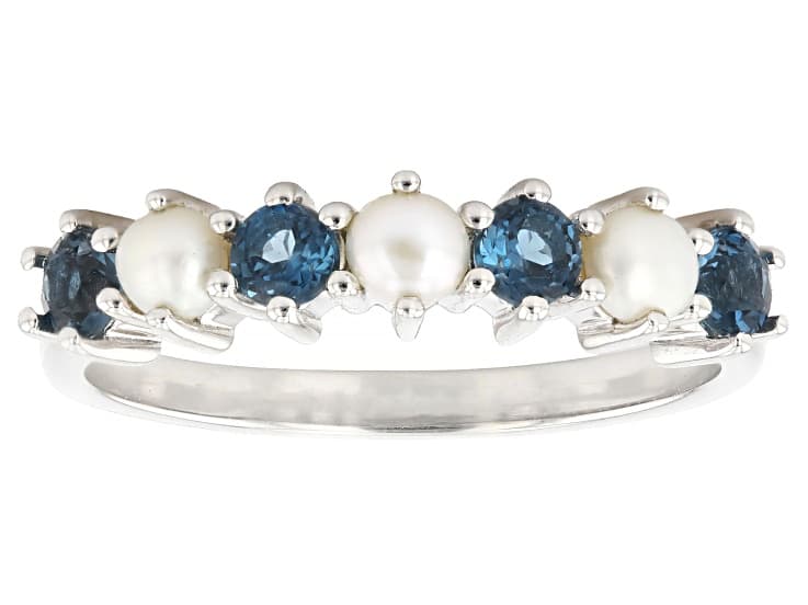 London Blue Topaz With White Cultured Seed Pearl Rhodium Over Sterling Silver Ring 0.32ctw