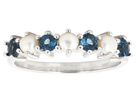 London Blue Topaz With White Cultured Seed Pearl Rhodium Over Sterling Silver Ring 0.32ctw