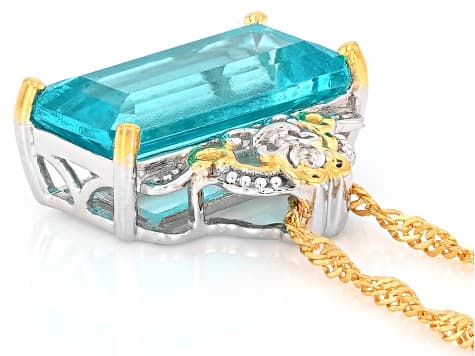 Paraiba Color Topaz With White Topaz Rhodium & 18K Gold Over Silver Pendant With Chain 4.42ctw
