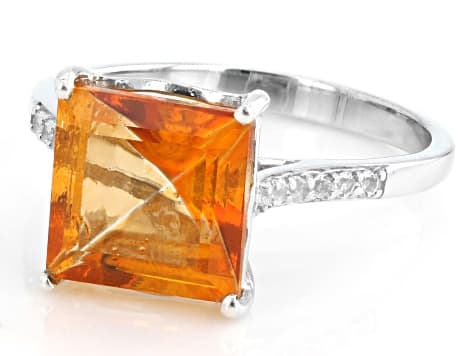 Orange Mandarin Topaz Rhodium Over Sterling Silver Ring 3.92ctw