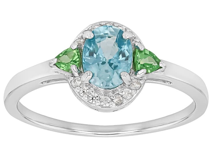 Blue Zircon with Mint Tsavorite and White Zircon Rhodium Over Sterling Silver Ring 1.43ctw