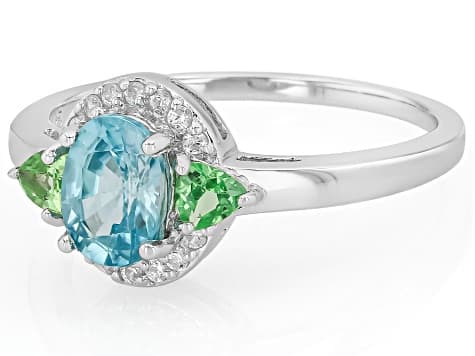 Blue Zircon with Mint Tsavorite and White Zircon Rhodium Over Sterling Silver Ring 1.43ctw